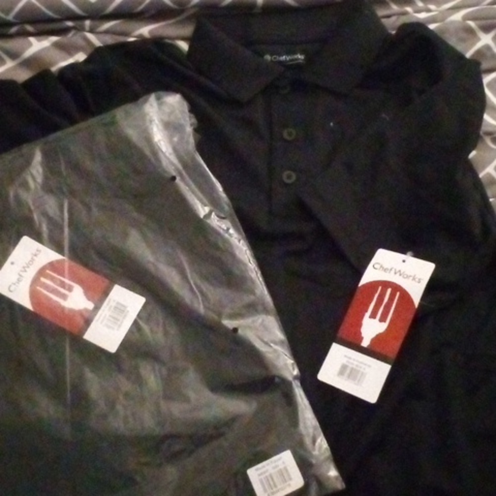 5 size S Chef Works black uniforms elastic waist pants & 2 button up short sleev
